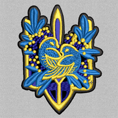 Шеврон нашивка Герб України Тризуб із птахами 70*90 жовто-блакитний на липучці вишитий